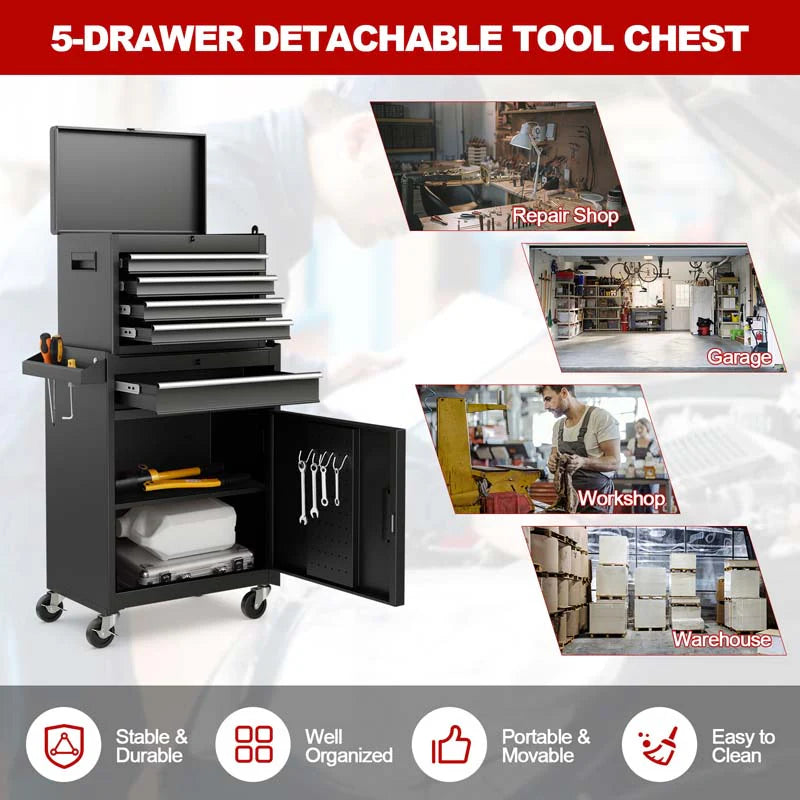 2 In 1 Rolling Tool Chest 5 Drawer Tool Storage Cabinet With Wheels Adjustable Shelf Tool Box Organizer For Garage Warehouse Workshop - Durable Tools For Home Projects