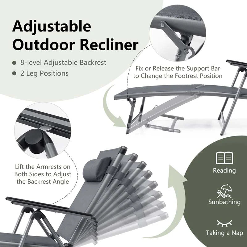 Folding Aluminum Chaise Lounge Chair With Quick Drying Fabric 8 Position Outdoor Lounge Recliner - Comfortable And Ergonomic Design