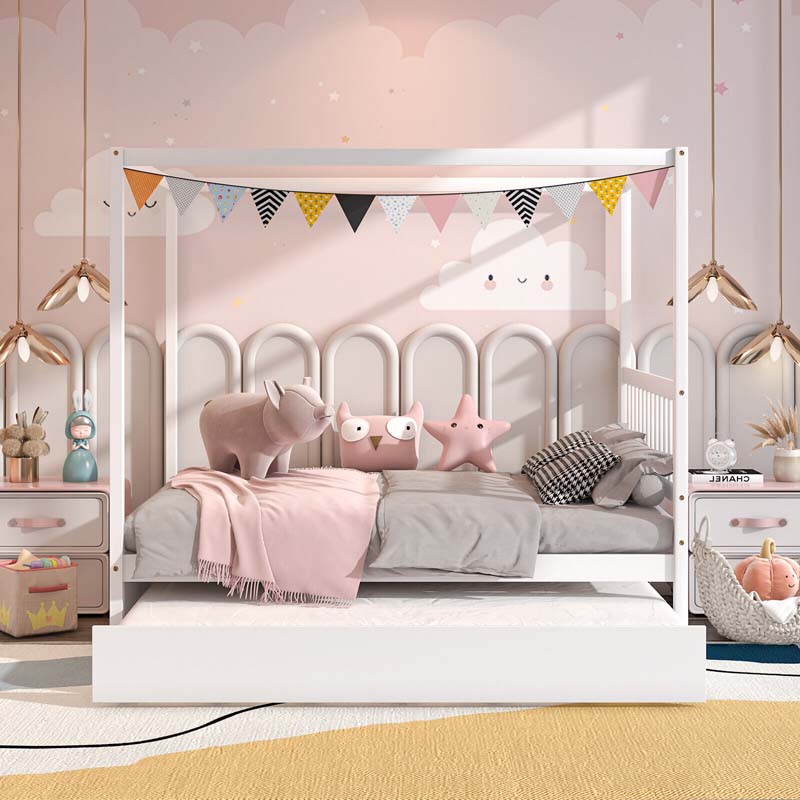 Full Size Canopy Bed With Trundle Solid Wood Platform Bed Frame With Headboard Full Bed For Kids Teens Adults