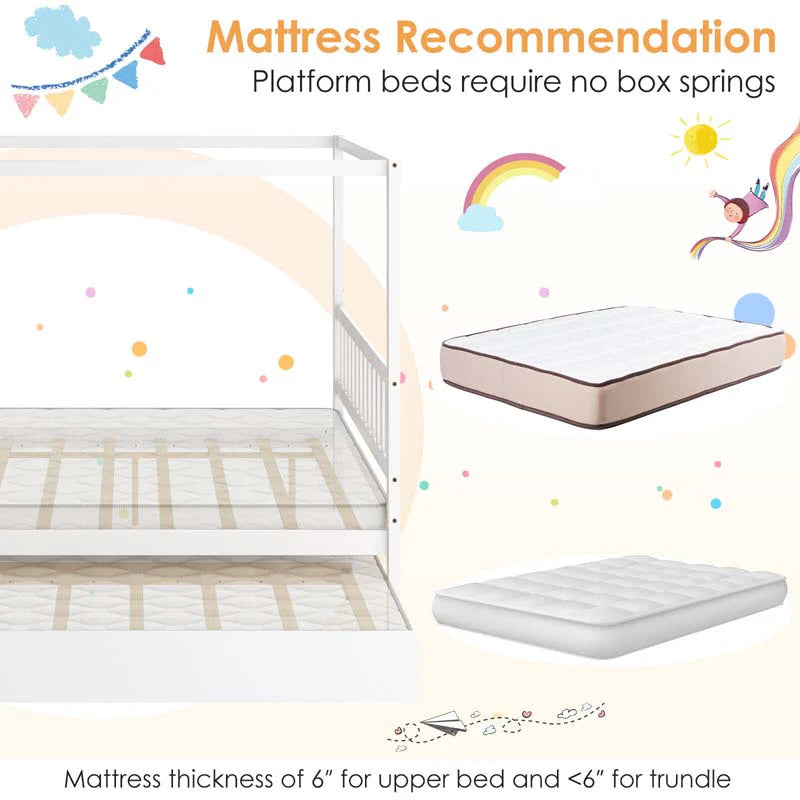 Full Size Canopy Bed With Trundle Solid Wood Platform Bed Frame With Headboard Full Bed For Kids Teens Adults