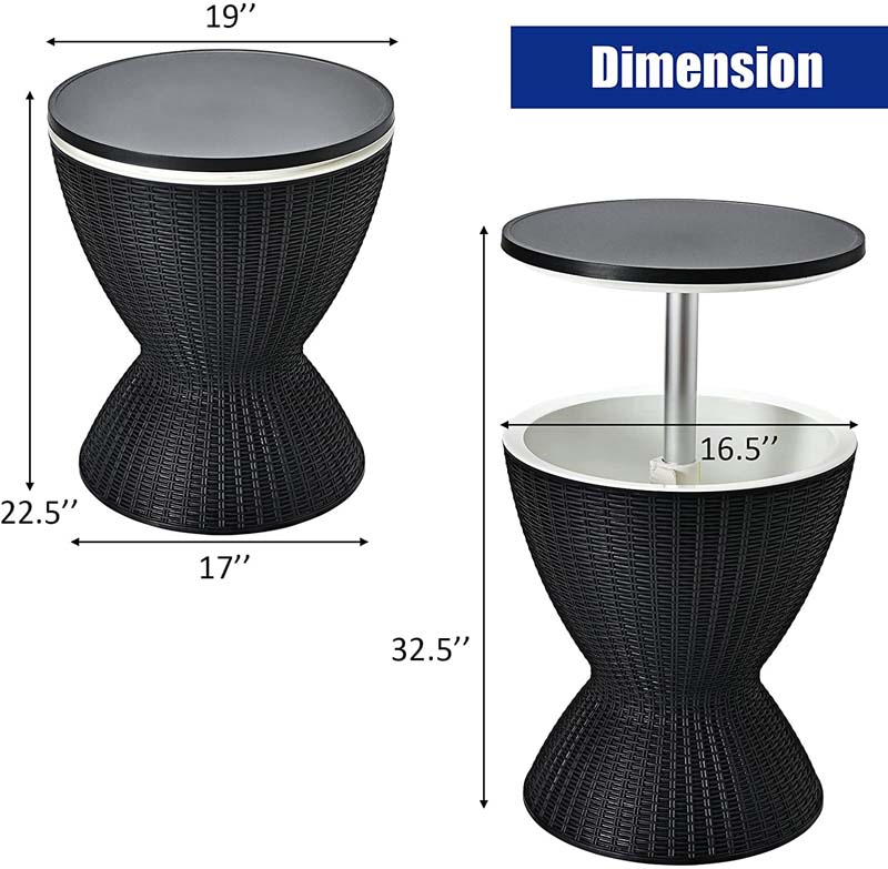 3 In 1 Rattan Outdoor Patio Bar Side Table With Ice Bucket 8 Gallon Ice Cooler Wine Cocktail Table For Deck Pool Party