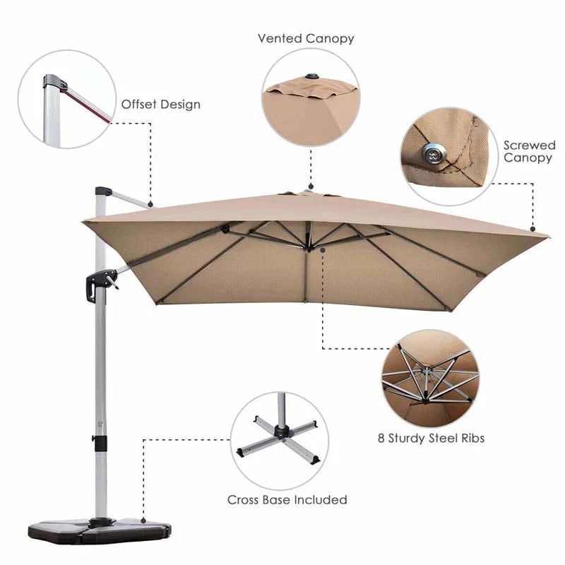 10 Ft 360 Degree Tilt Aluminum Square Large Outdoor Patio Offset Cantilever Umbrella For Pool Deck Backyard