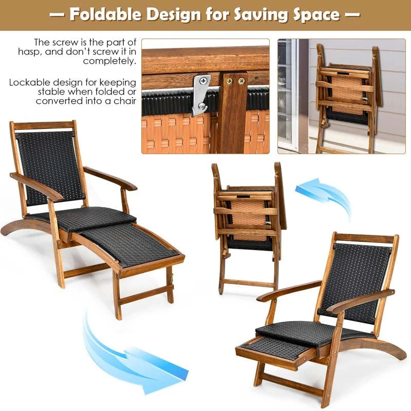 2 Pcs Acacia Wood Folding Chaise Lounge Chair Outdoor Foldable Deck Chair Portable Wicker Lounger With Retractable Footrest - Comfortable And Ergonomic Design