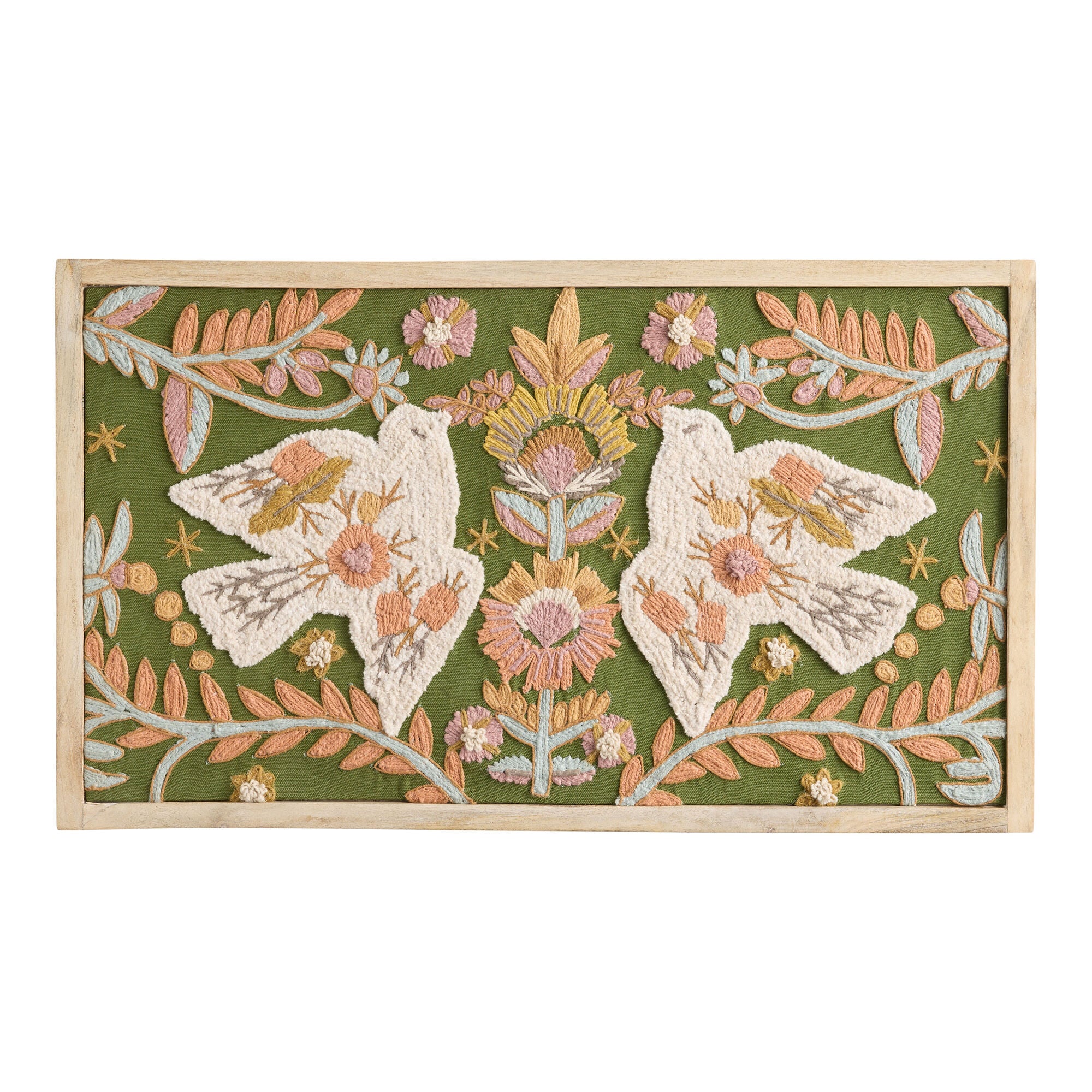 Doves and Botanicals Embroidered Textile Framed Wall Art