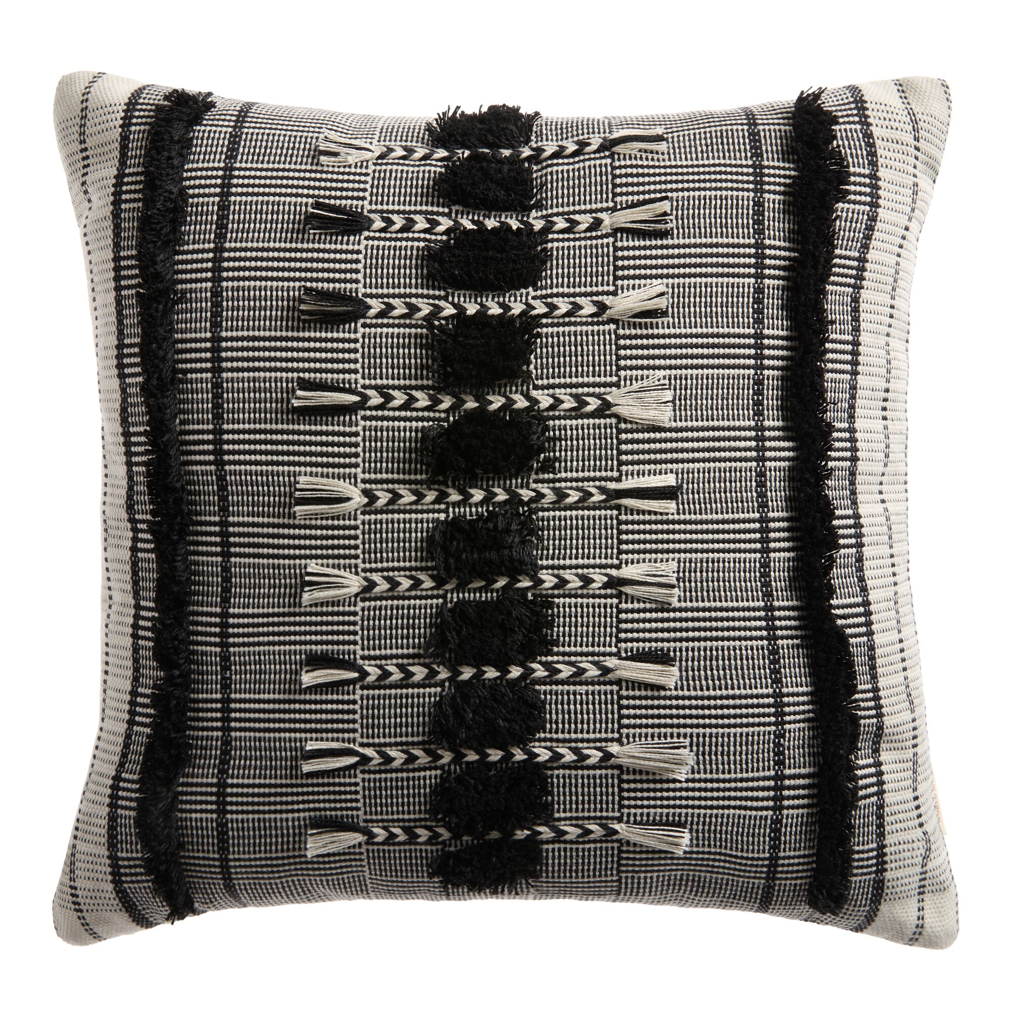 Black and Ivory Woven Tassel Indoor Outdoor Throw Pillow