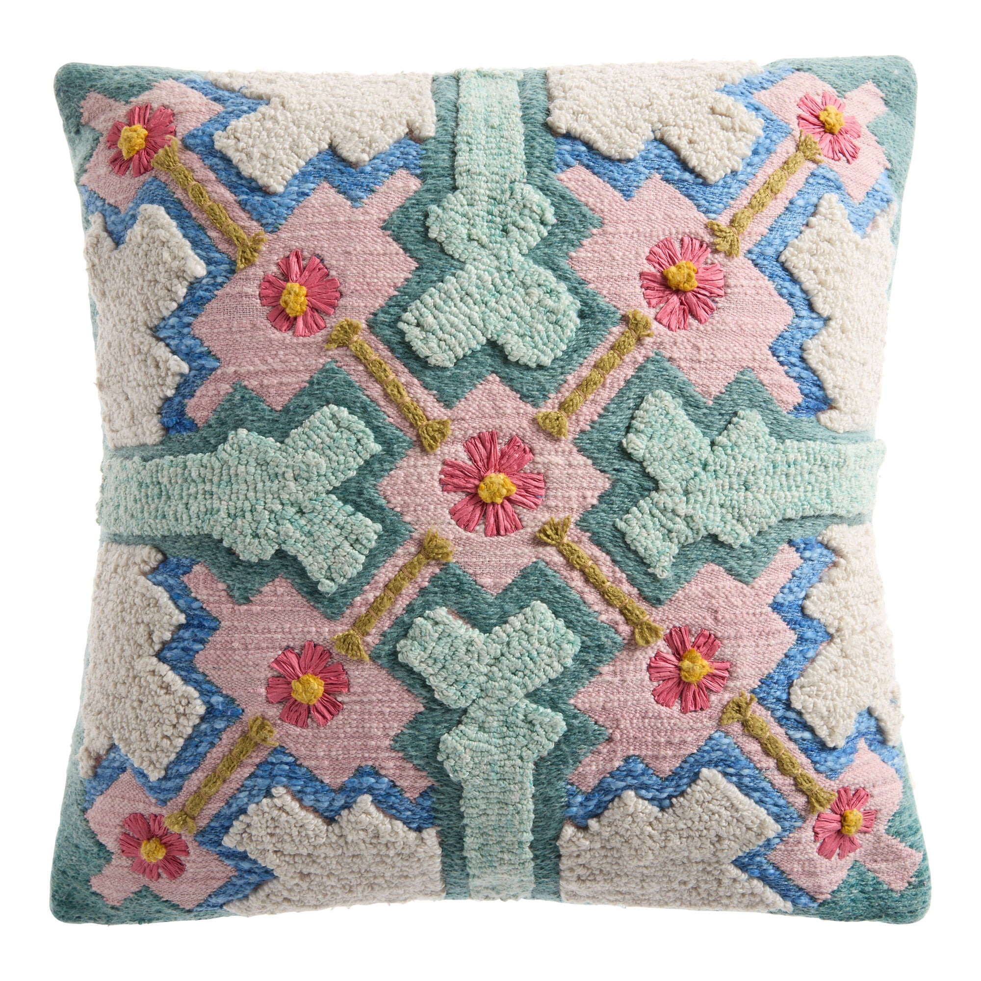 Seafoam Green and Pink Tufted Floral Indoor Outdoor Throw Pillow