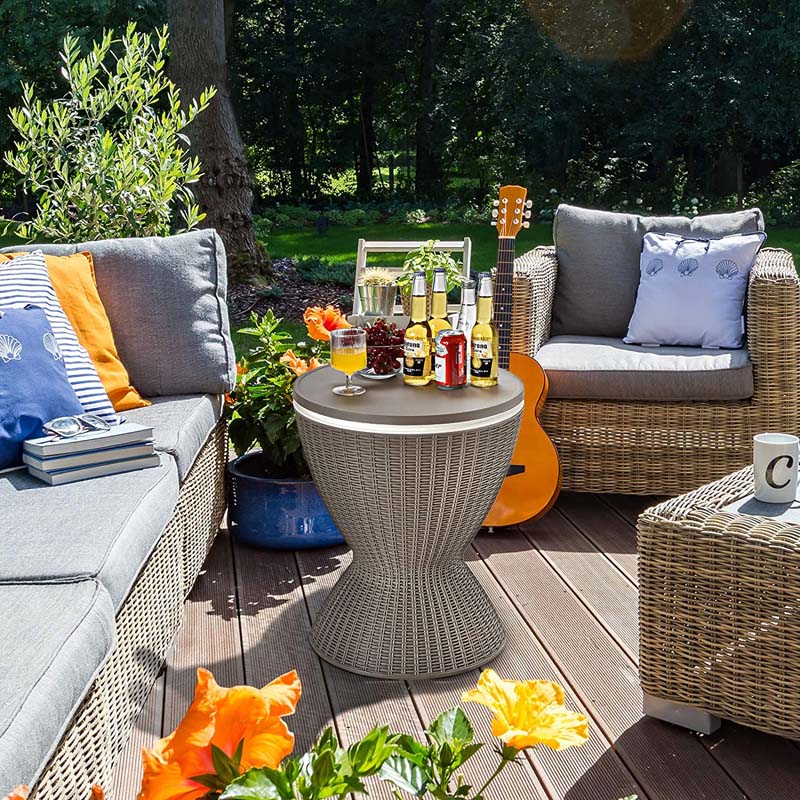3 In 1 Rattan Outdoor Patio Bar Side Table With Ice Bucket 8 Gallon Ice Cooler Wine Cocktail Table For Deck Pool Party