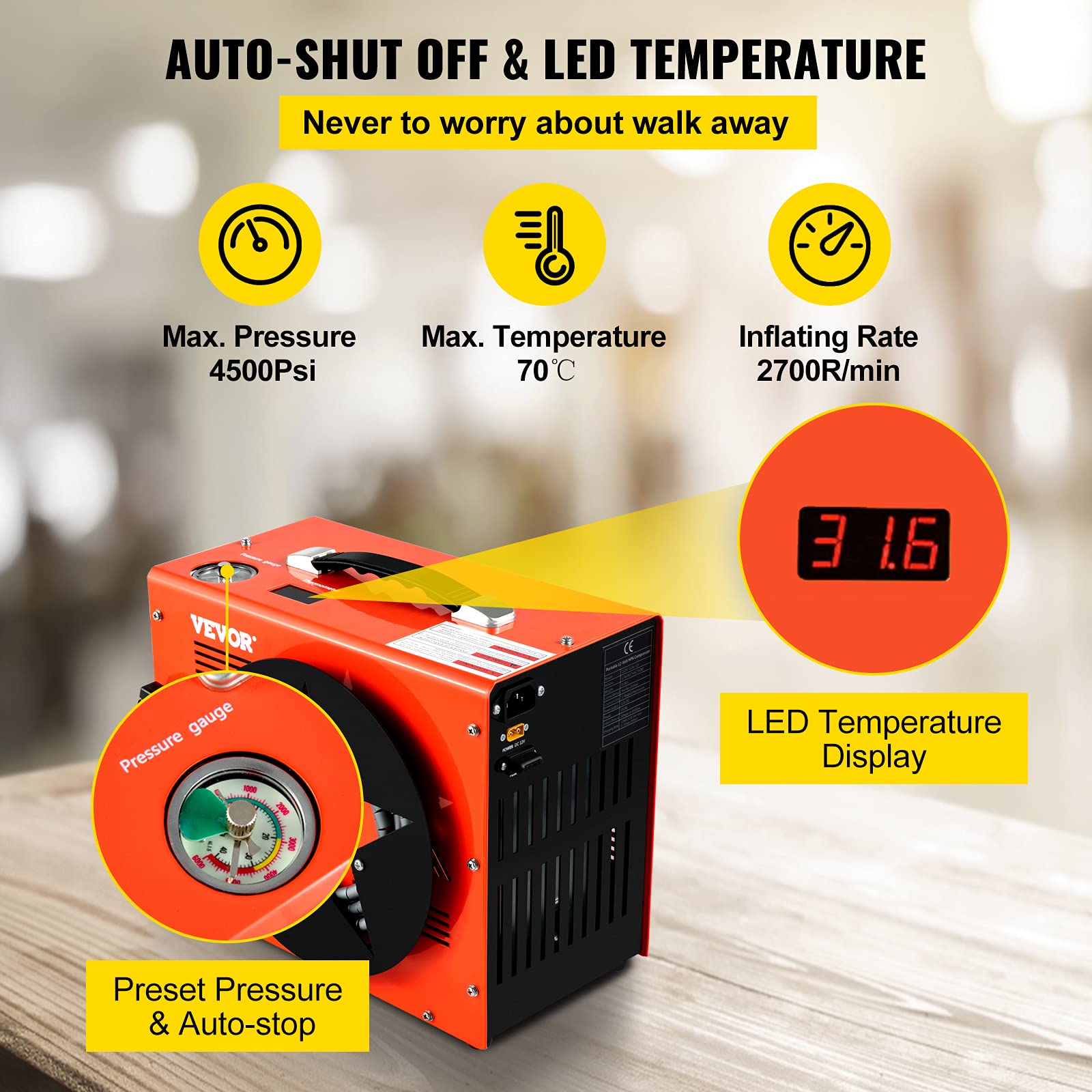 VEVOR PCP Air Compressor, Auto-stop Powered by DC 12V Car or Home AC 110V/220V, 4500Psi/30Mpa/300Bar w/Built-in Water/Oil Adapter &amp; Cooling Fan for Paintball, Scuba, Air Rifle