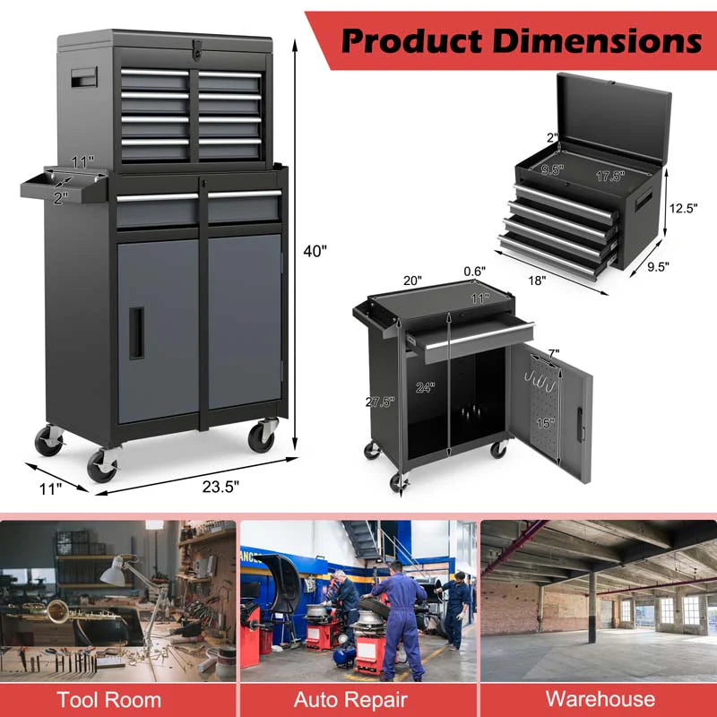 2 In 1 Rolling Tool Chest 5 Drawer Tool Storage Cabinet With Wheels Adjustable Shelf Tool Box Organizer For Garage Warehouse Workshop - Durable Tools For Home Projects