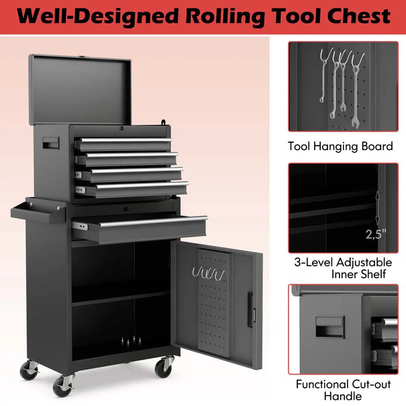 2 In 1 Rolling Tool Chest 5 Drawer Tool Storage Cabinet With Wheels Adjustable Shelf Tool Box Organizer For Garage Warehouse Workshop - Durable Tools For Home Projects