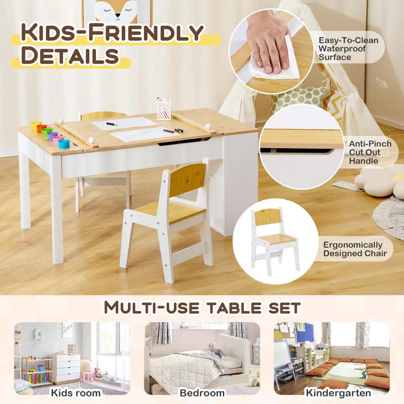 3 In 1 Wood Kids Art Table Amp Easel Set With 2 Chairs 6 Storage Bins Paper Roller Paint Cups Toddler Crafts Activity Table Chair Set - High Quality Set For Everyday Use