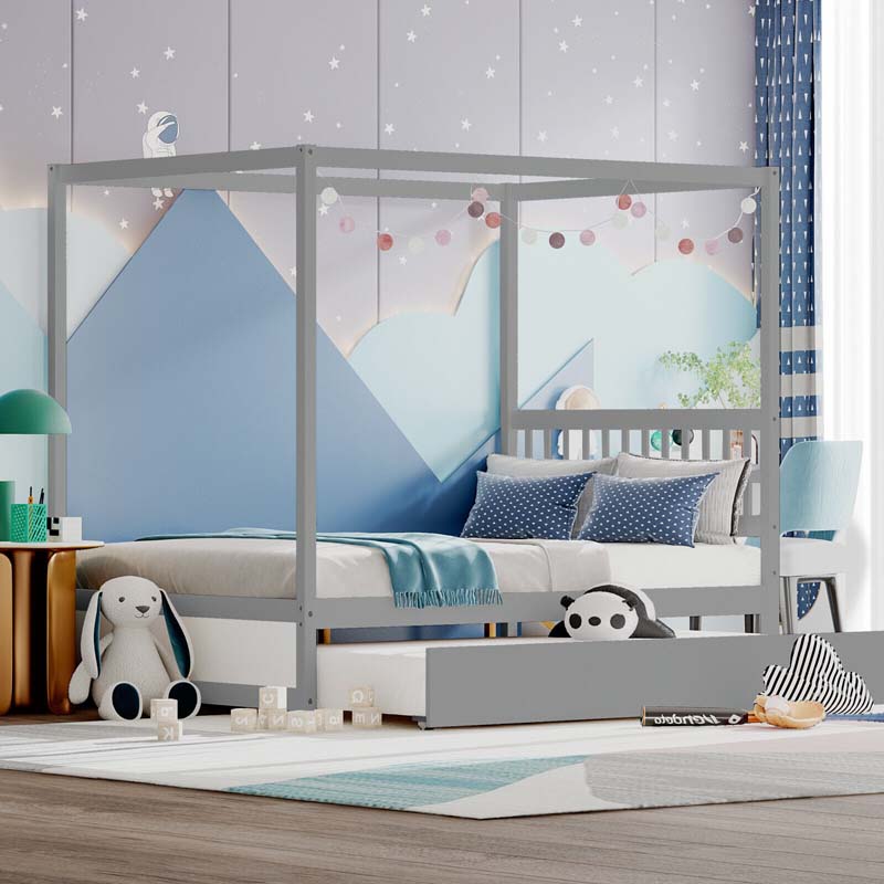 Full Size Canopy Bed With Trundle Solid Wood Platform Bed Frame With Headboard Full Bed For Kids Teens Adults