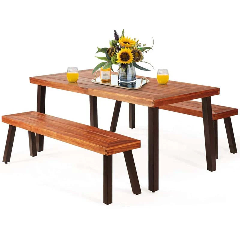 3 Pcs Rustic Acacia Wood Patio Dining Table Set With 2 Benches Outdoor Picnic Table Bench Set With Umbrella Hole - High Quality Set For Everyday Use
