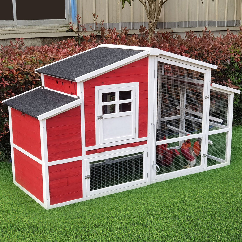 Hanover Outdoor Elevated Wooden Chicken Coop with Ramp, Wire Mesh Run, Waterproof Roof, Removable Tray, and External Door- HANCC0105-RED