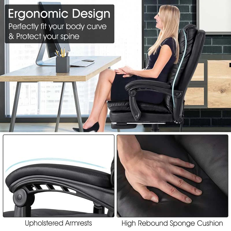 Adjustable Executive Office Reclining Chair With Retractable Footrest 330 Lbs Pu Leather Swivel Computer Desk Chair For Office Home - Comfortable And Ergonomic Design