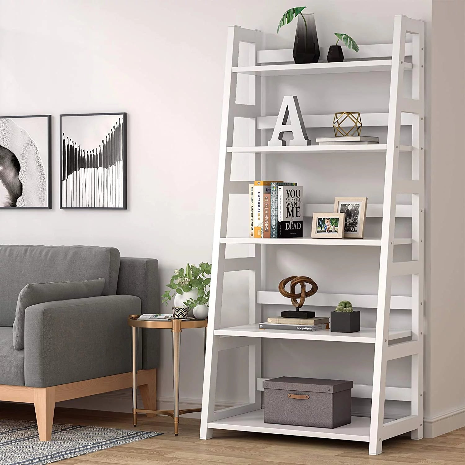 5 Tier Ladder Bookshelf Bookcase, 5 Shelf Ladder Shelves for Living Room Home Office