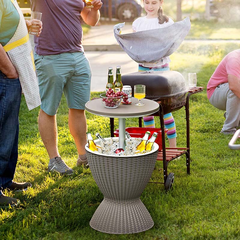3 In 1 Rattan Outdoor Patio Bar Side Table With Ice Bucket 8 Gallon Ice Cooler Wine Cocktail Table For Deck Pool Party