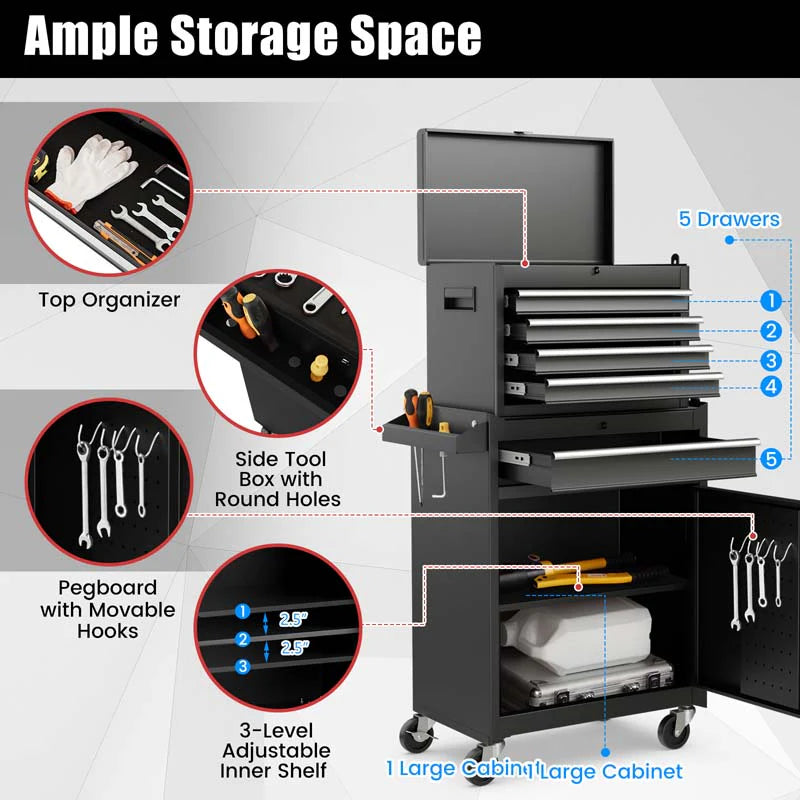 2 In 1 Rolling Tool Chest 5 Drawer Tool Storage Cabinet With Wheels Adjustable Shelf Tool Box Organizer For Garage Warehouse Workshop - Durable Tools For Home Projects