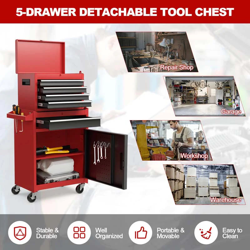 2 In 1 Rolling Tool Chest 5 Drawer Tool Storage Cabinet With Wheels Adjustable Shelf Tool Box Organizer For Garage Warehouse Workshop - Durable Tools For Home Projects