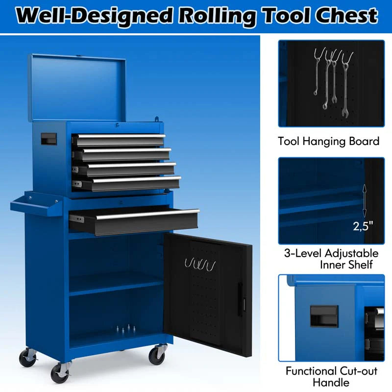 2 In 1 Rolling Tool Chest 5 Drawer Tool Storage Cabinet With Wheels Adjustable Shelf Tool Box Organizer For Garage Warehouse Workshop - Durable Tools For Home Projects