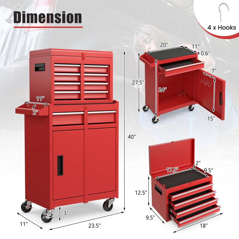 2 In 1 Rolling Tool Chest 5 Drawer Tool Storage Cabinet With Wheels Adjustable Shelf Tool Box Organizer For Garage Warehouse Workshop - Durable Tools For Home Projects