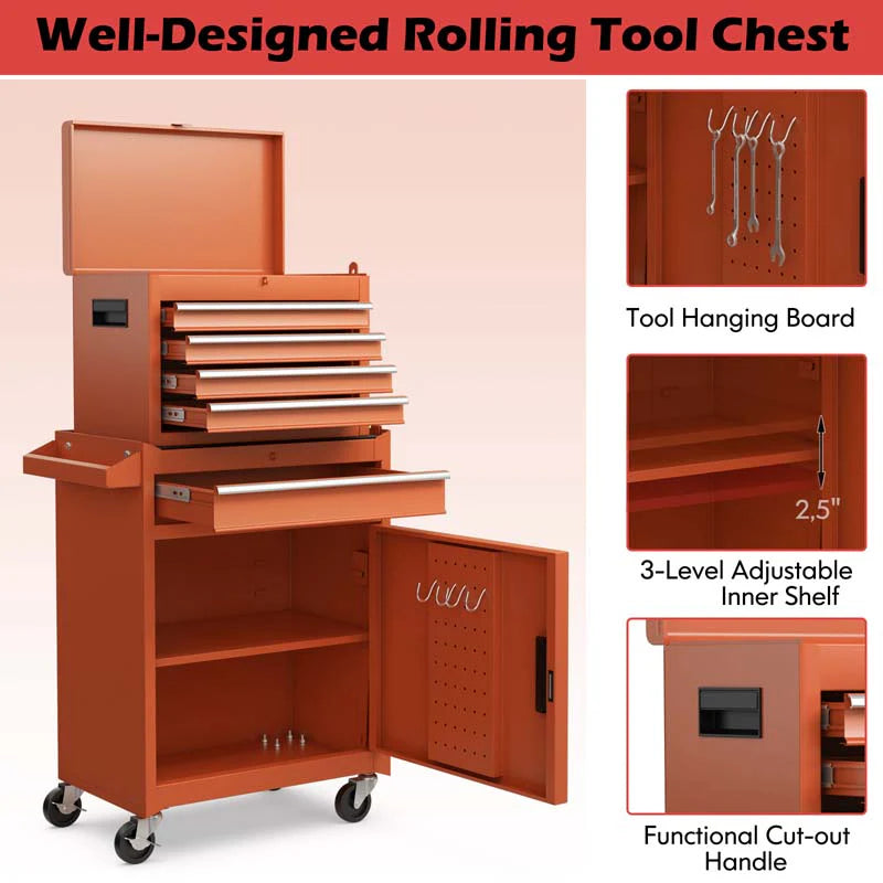 2 In 1 Rolling Tool Chest 5 Drawer Tool Storage Cabinet With Wheels Adjustable Shelf Tool Box Organizer For Garage Warehouse Workshop - Durable Tools For Home Projects