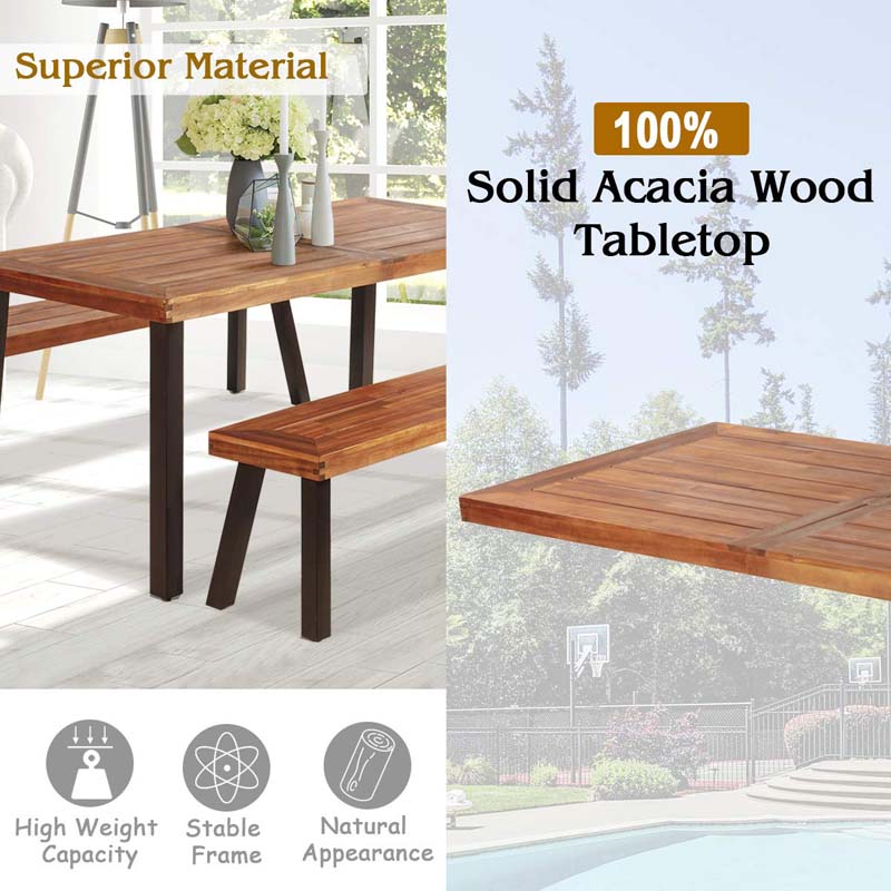 3 Pcs Rustic Acacia Wood Patio Dining Table Set With 2 Benches Outdoor Picnic Table Bench Set With Umbrella Hole - High Quality Set For Everyday Use