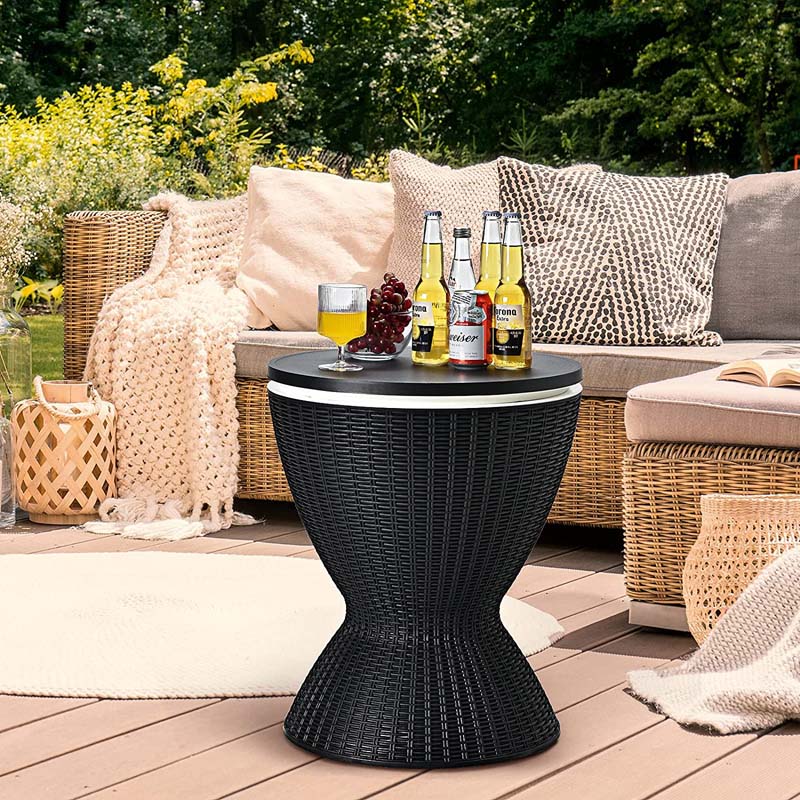 3 In 1 Rattan Outdoor Patio Bar Side Table With Ice Bucket 8 Gallon Ice Cooler Wine Cocktail Table For Deck Pool Party