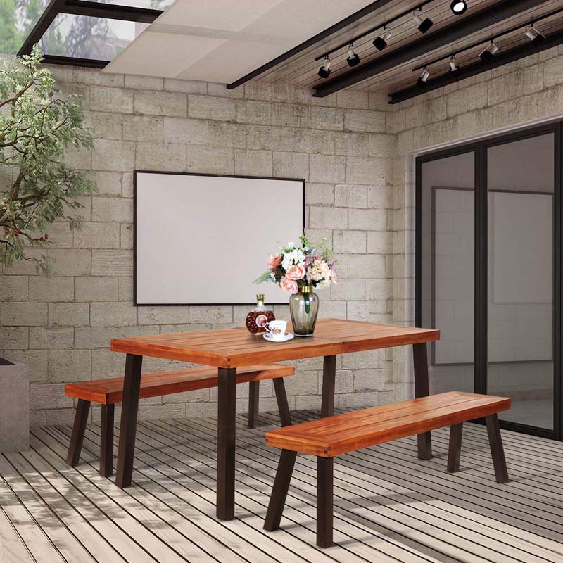 3 Pcs Rustic Acacia Wood Patio Dining Table Set With 2 Benches Outdoor Picnic Table Bench Set With Umbrella Hole - High Quality Set For Everyday Use