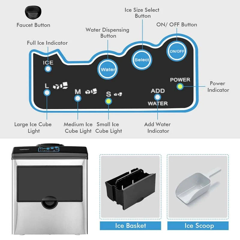 48Lbs24H 2 In 1 Stainless Steel Countertop Ice Maker Machine With Chilled Water Dispenser Amp 5Lbs Ice Storage Basket