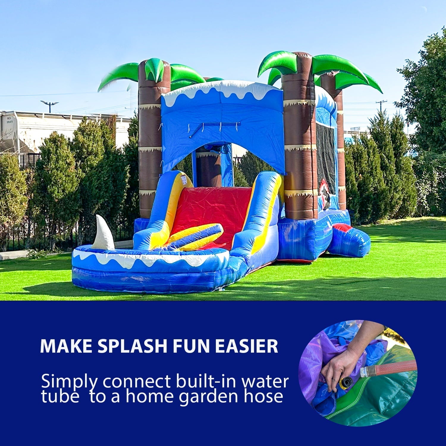 HeroKiddo Ocean Shark Inflatable Bounce House Water Slide Combo for Kids and Adults (with Splash Pool and Blower), Commercial Grade, Backyard Water Park, Wet Dry Use