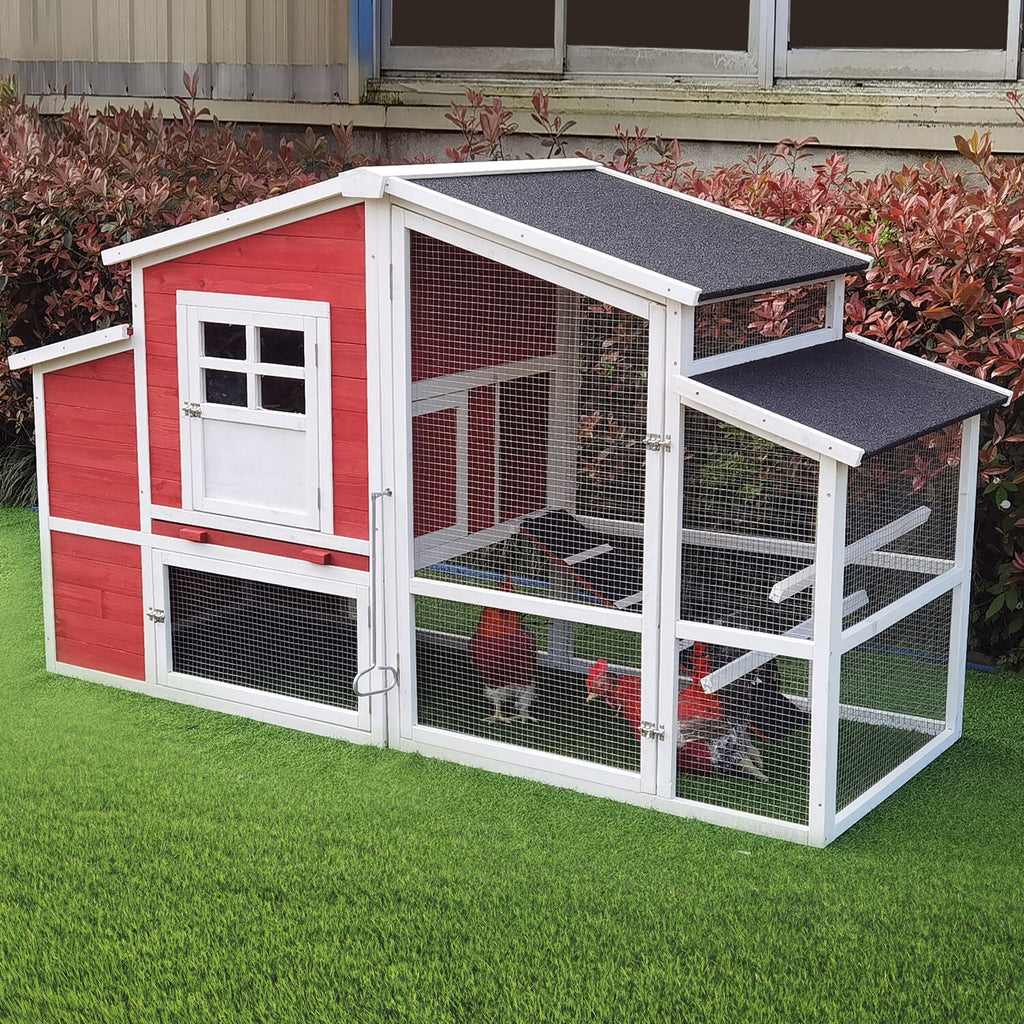 Hanover Outdoor Elevated Wooden Chicken Coop with Ramp, Wire Mesh Run, Waterproof Roof, Removable Tray, and External Door- HANCC0105-RED