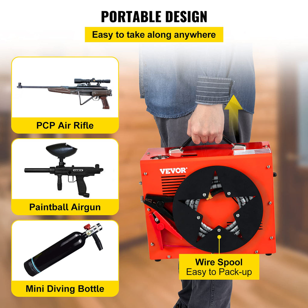 VEVOR PCP Air Compressor, Auto-stop Powered by DC 12V Car or Home AC 110V/220V, 4500Psi/30Mpa/300Bar w/Built-in Water/Oil Adapter &amp; Cooling Fan for Paintball, Scuba, Air Rifle