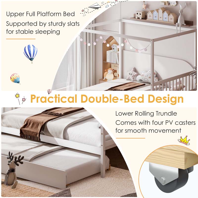 Full Size Canopy Bed With Trundle Solid Wood Platform Bed Frame With Headboard Full Bed For Kids Teens Adults