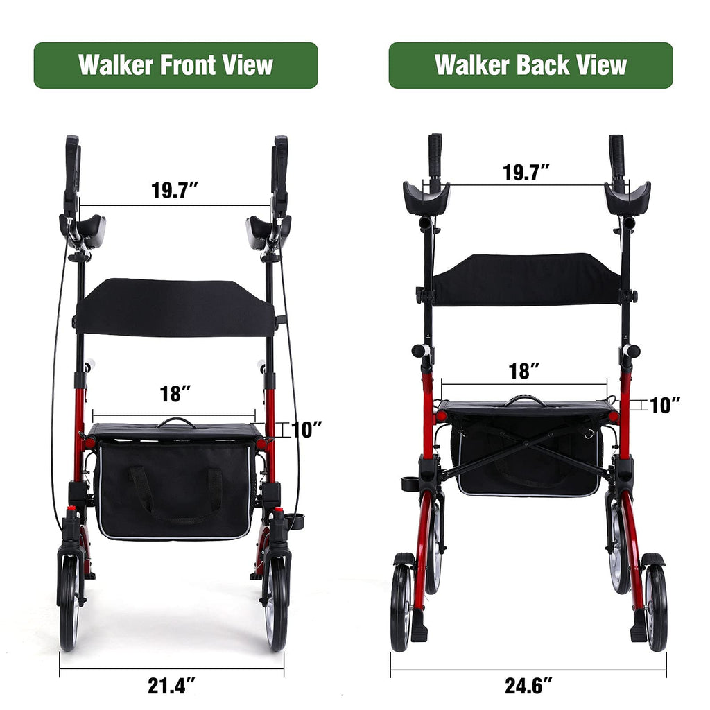 Healconnex Upright Rollator Walkers for Seniors- Stand up Rolling Walker with Seats and 10" Wheels, Padded Armrest and Backrest,Tall Rolling Mobility Aid with Basket, Foam Handle to Stand up