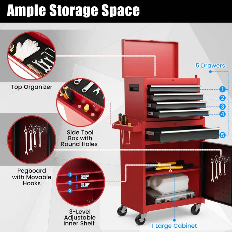 2 In 1 Rolling Tool Chest 5 Drawer Tool Storage Cabinet With Wheels Adjustable Shelf Tool Box Organizer For Garage Warehouse Workshop - Durable Tools For Home Projects