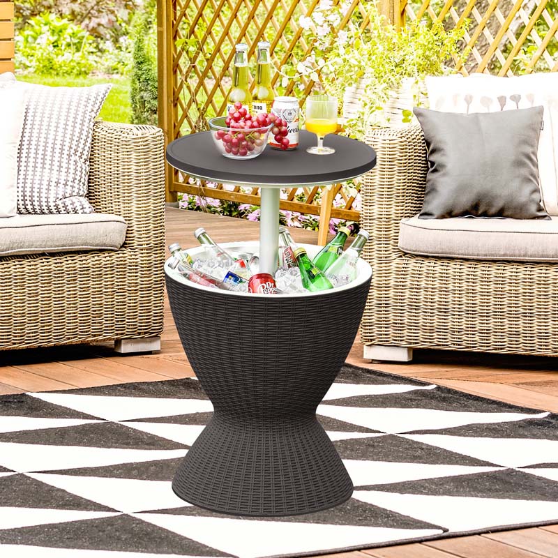3 In 1 Rattan Outdoor Patio Bar Side Table With Ice Bucket 8 Gallon Ice Cooler Wine Cocktail Table For Deck Pool Party