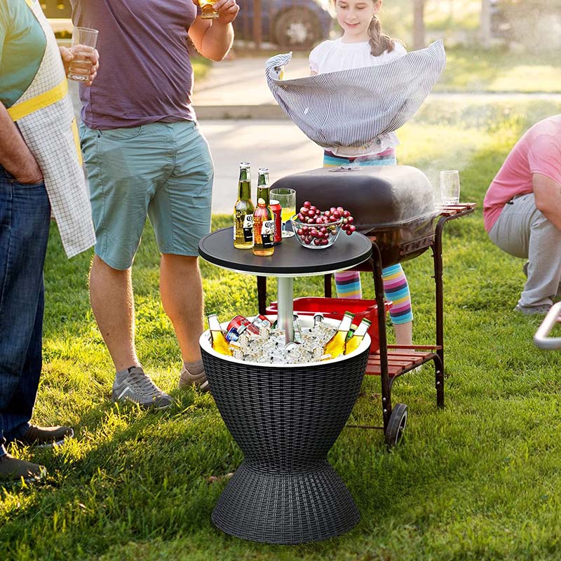3 In 1 Rattan Outdoor Patio Bar Side Table With Ice Bucket 8 Gallon Ice Cooler Wine Cocktail Table For Deck Pool Party