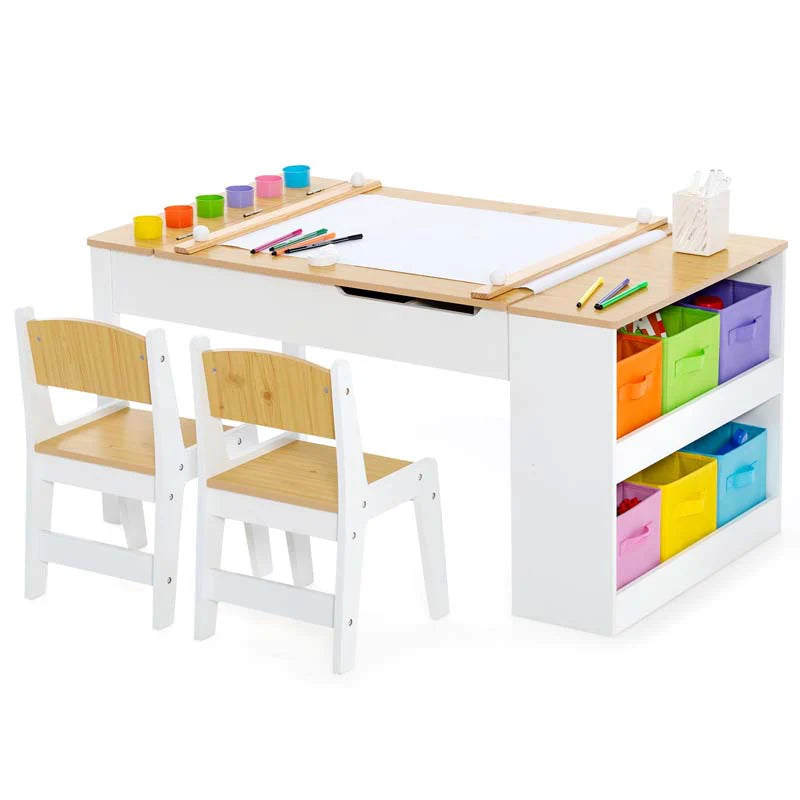 3 In 1 Wood Kids Art Table Amp Easel Set With 2 Chairs 6 Storage Bins Paper Roller Paint Cups Toddler Crafts Activity Table Chair Set - High Quality Set For Everyday Use