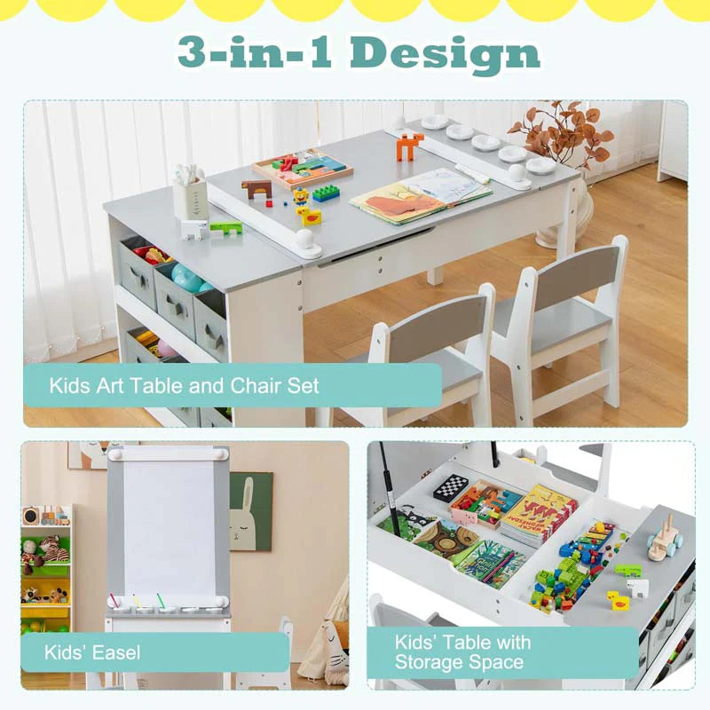 3 In 1 Wood Kids Art Table Amp Easel Set With 2 Chairs 6 Storage Bins Paper Roller Paint Cups Toddler Crafts Activity Table Chair Set - High Quality Set For Everyday Use