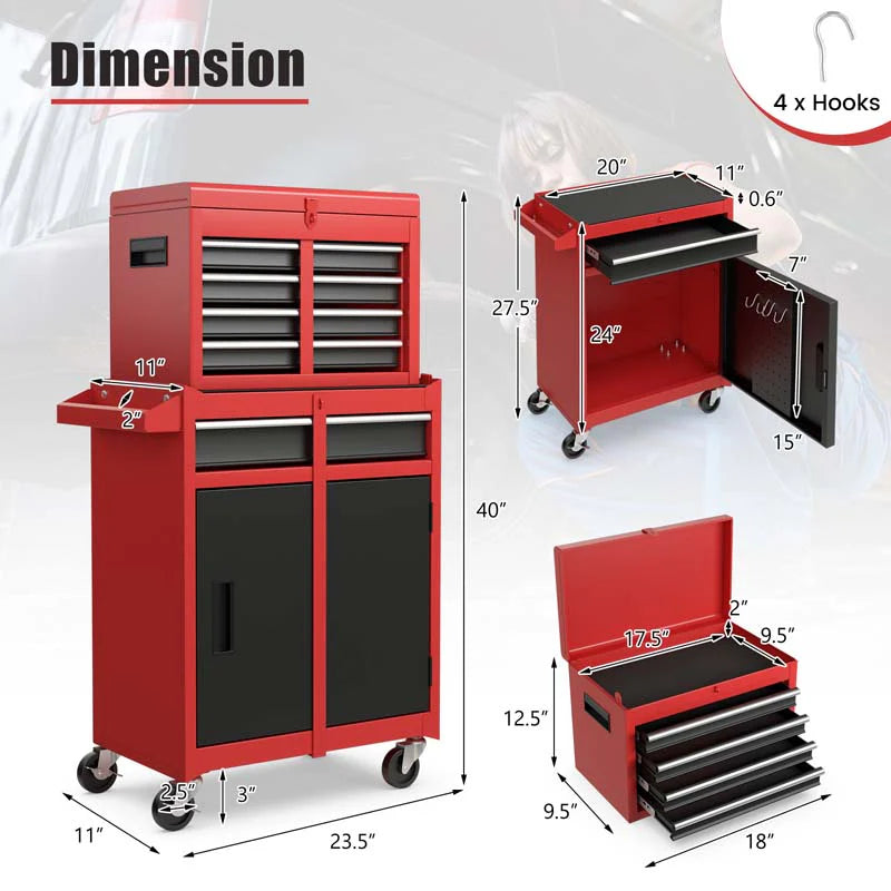 2 In 1 Rolling Tool Chest 5 Drawer Tool Storage Cabinet With Wheels Adjustable Shelf Tool Box Organizer For Garage Warehouse Workshop - Durable Tools For Home Projects