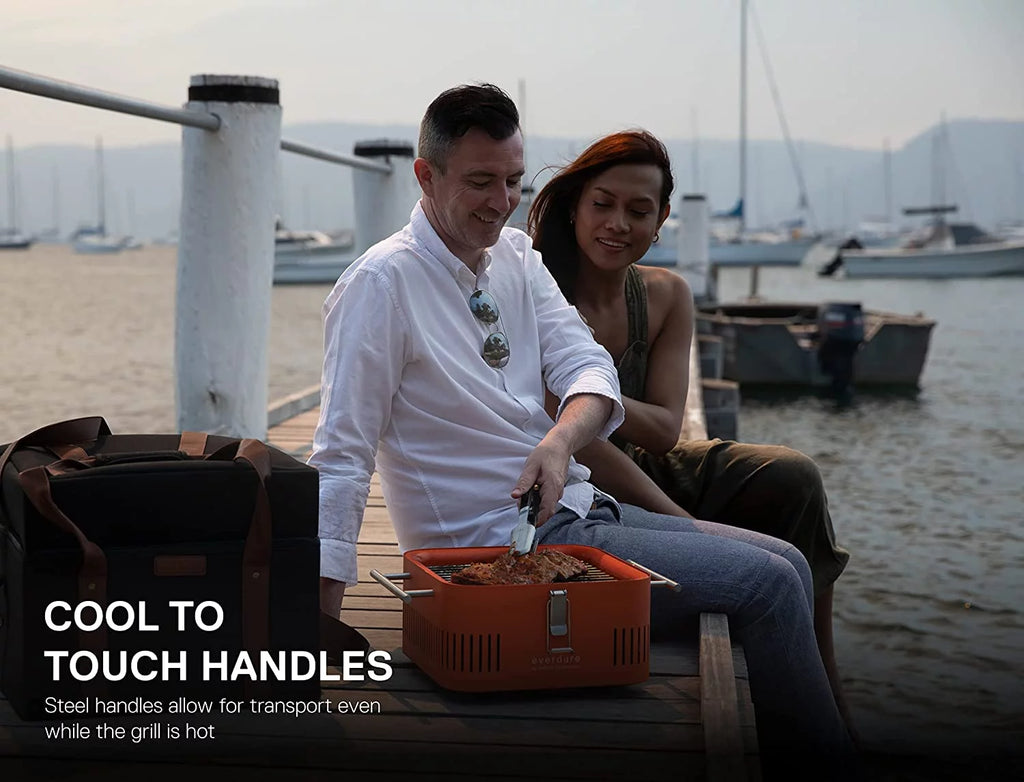 Everdure CUBE Charcoal Grill with Cool Touch Handles, Storage Container and Bamboo Serving Board