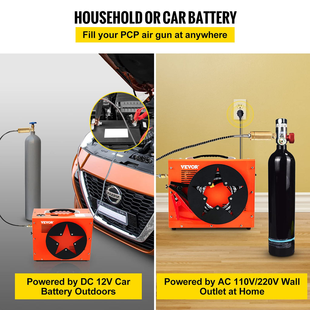 VEVOR PCP Air Compressor, Auto-stop Powered by DC 12V Car or Home AC 110V/220V, 4500Psi/30Mpa/300Bar w/Built-in Water/Oil Adapter &amp; Cooling Fan for Paintball, Scuba, Air Rifle