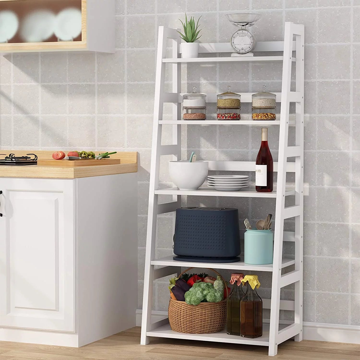 5 Tier Ladder Bookshelf Bookcase, 5 Shelf Ladder Shelves for Living Room Home Office