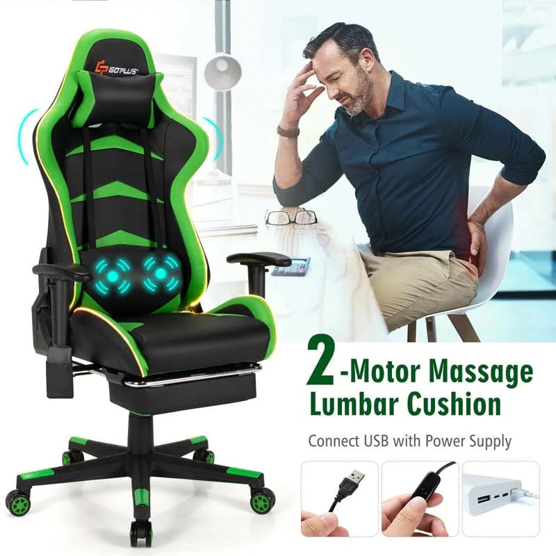 Led Massage Gaming Chair Height Adjustable Racing Computer Office Chair With Footrest Ergonomic High Back Pu Swivel Game Chair - Comfortable And Ergonomic Design