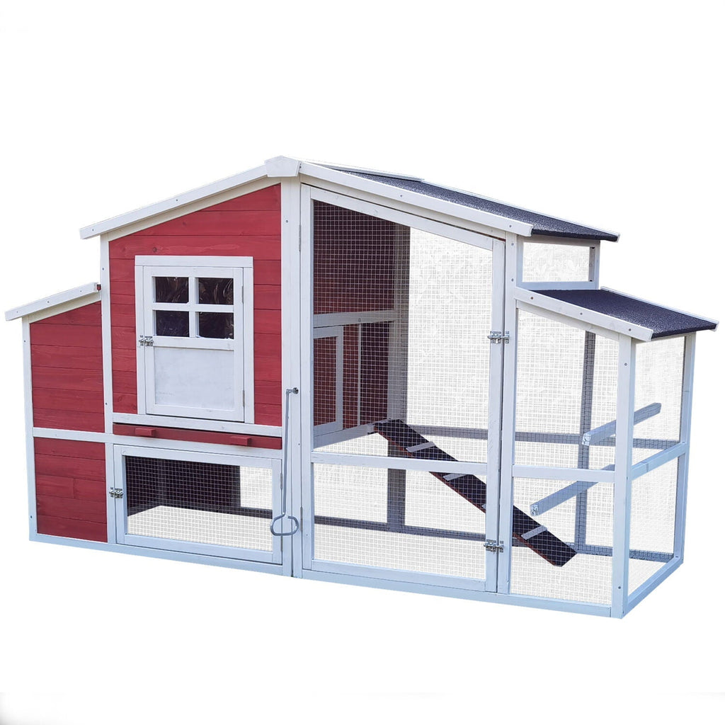 Hanover Outdoor Elevated Wooden Chicken Coop with Ramp, Wire Mesh Run, Waterproof Roof, Removable Tray, and External Door- HANCC0105-RED