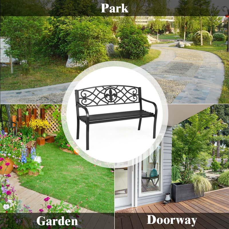 50Quot Weatherproof Outdoor Patio Bench With Pattern Backrest Heavy Duty Metal Park Bench For Garden Backyard Porch