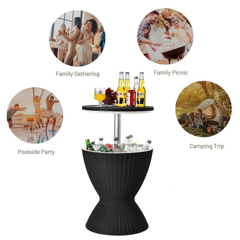 3 In 1 Rattan Outdoor Patio Bar Side Table With Ice Bucket 8 Gallon Ice Cooler Wine Cocktail Table For Deck Pool Party