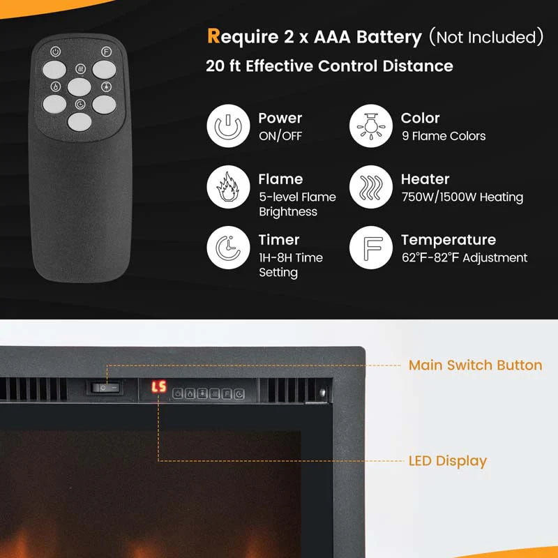 360390394203903950Quot Wide Electric Fireplace Recessedwall Mountedfreestanding 750W1500W Linear Fireplace Heater Insert With 9 Flame Color