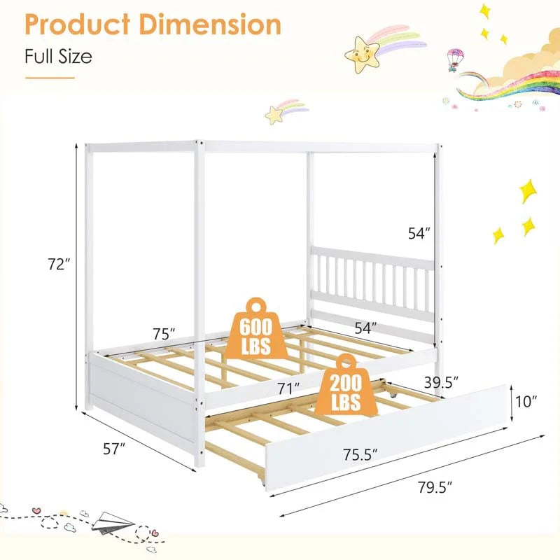 Full Size Canopy Bed With Trundle Solid Wood Platform Bed Frame With Headboard Full Bed For Kids Teens Adults